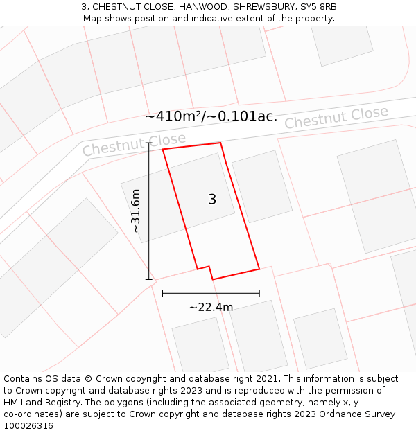 3, CHESTNUT CLOSE, HANWOOD, SHREWSBURY, SY5 8RB: Plot and title map