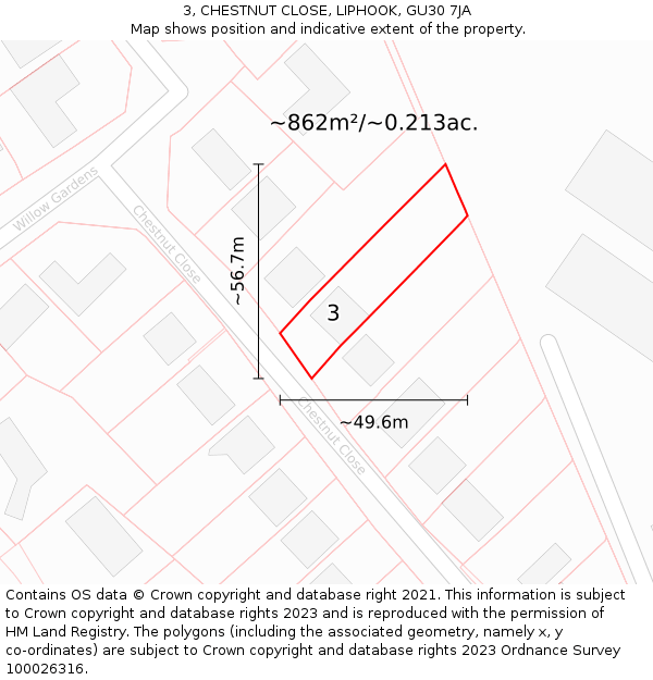 3, CHESTNUT CLOSE, LIPHOOK, GU30 7JA: Plot and title map