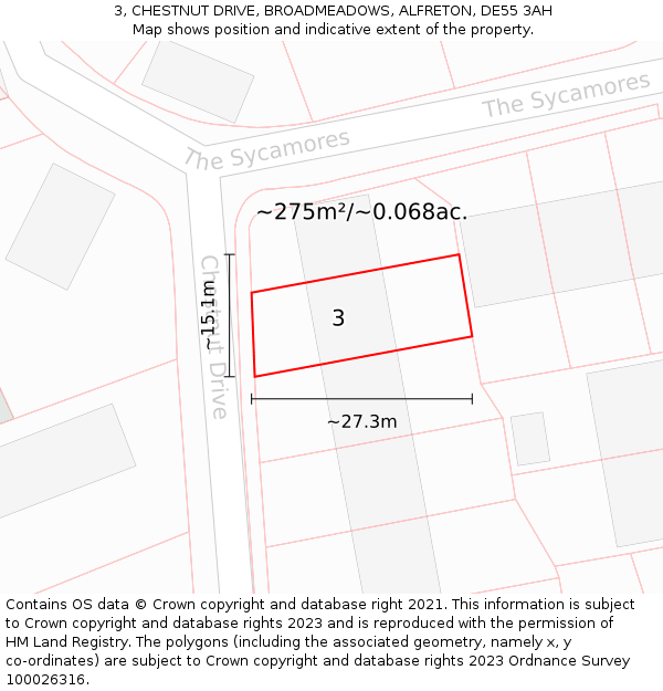 3, CHESTNUT DRIVE, BROADMEADOWS, ALFRETON, DE55 3AH: Plot and title map