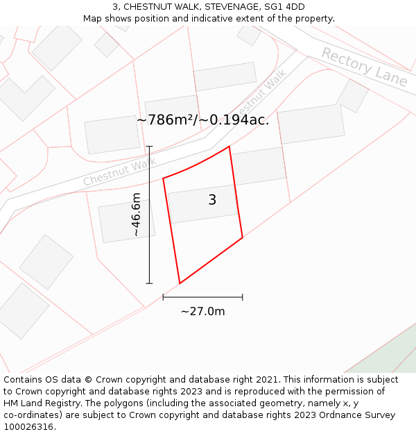 3, CHESTNUT WALK, STEVENAGE, SG1 4DD: Plot and title map