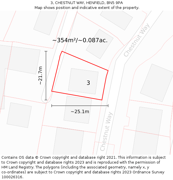 3, CHESTNUT WAY, HENFIELD, BN5 9PA: Plot and title map
