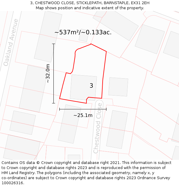 3, CHESTWOOD CLOSE, STICKLEPATH, BARNSTAPLE, EX31 2EH: Plot and title map