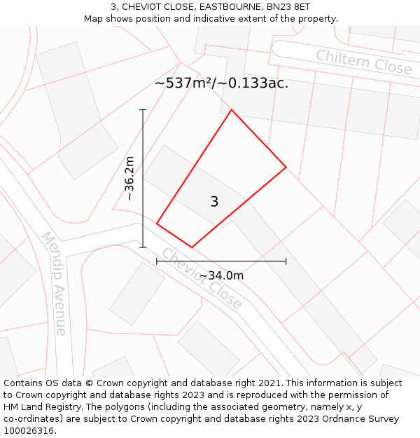 3, CHEVIOT CLOSE, EASTBOURNE, BN23 8ET: Plot and title map
