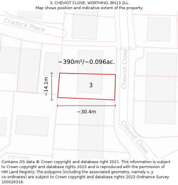 3, CHEVIOT CLOSE, WORTHING, BN13 2LL: Plot and title map
