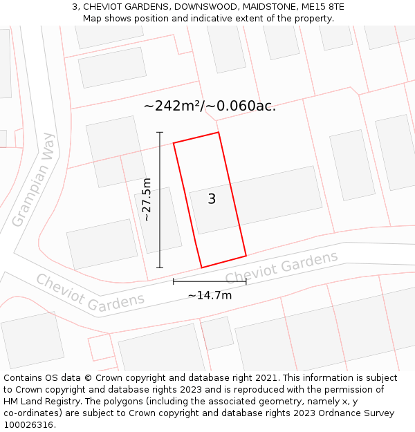 3, CHEVIOT GARDENS, DOWNSWOOD, MAIDSTONE, ME15 8TE: Plot and title map