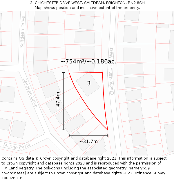 3, CHICHESTER DRIVE WEST, SALTDEAN, BRIGHTON, BN2 8SH: Plot and title map