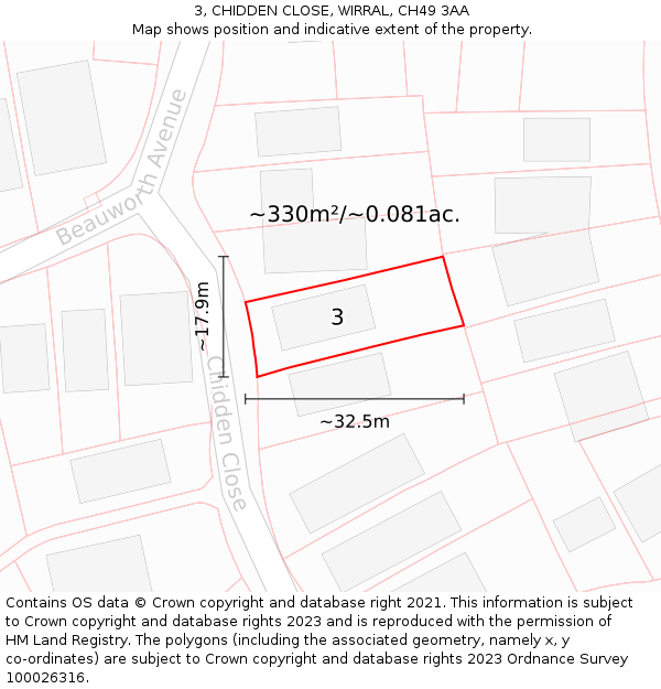 3, CHIDDEN CLOSE, WIRRAL, CH49 3AA: Plot and title map