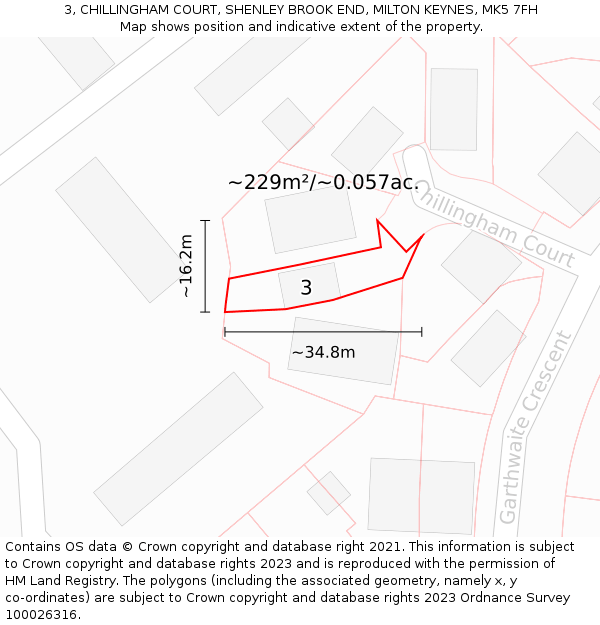 3, CHILLINGHAM COURT, SHENLEY BROOK END, MILTON KEYNES, MK5 7FH: Plot and title map