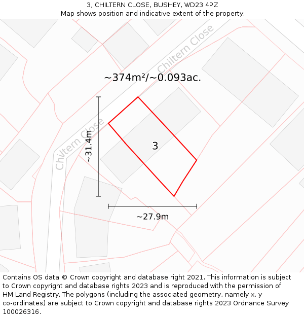 3, CHILTERN CLOSE, BUSHEY, WD23 4PZ: Plot and title map