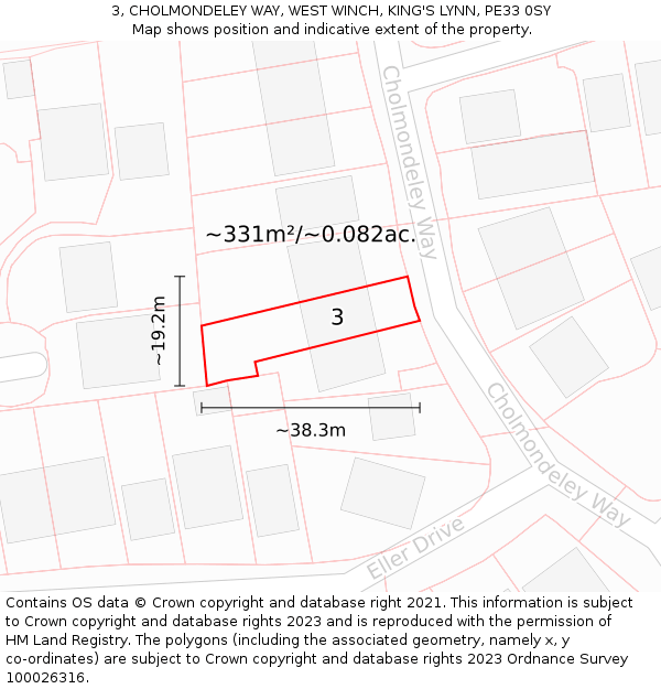 3, CHOLMONDELEY WAY, WEST WINCH, KING'S LYNN, PE33 0SY: Plot and title map