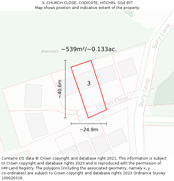 3, CHURCH CLOSE, CODICOTE, HITCHIN, SG4 8YT: Plot and title map