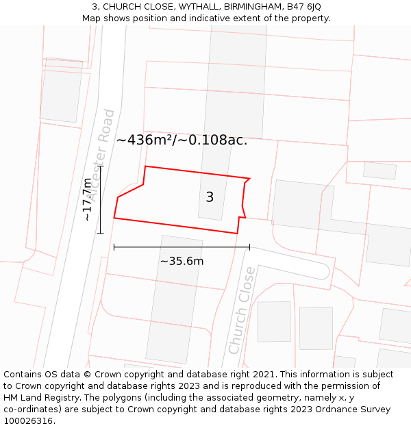 3, CHURCH CLOSE, WYTHALL, BIRMINGHAM, B47 6JQ: Plot and title map