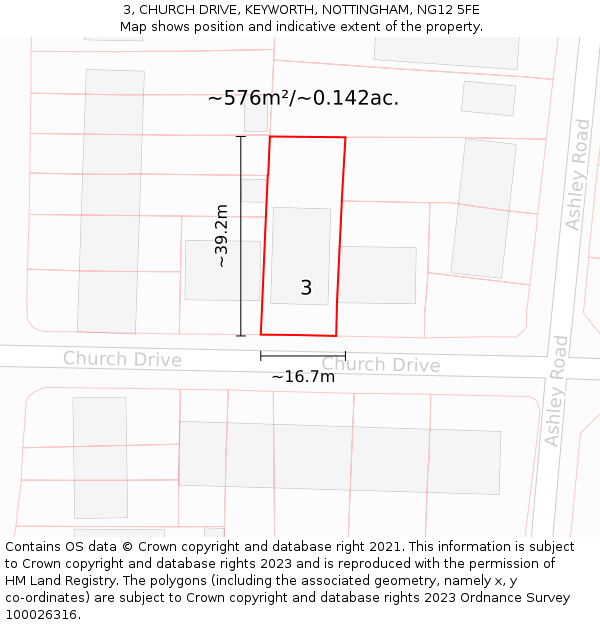 3, CHURCH DRIVE, KEYWORTH, NOTTINGHAM, NG12 5FE: Plot and title map