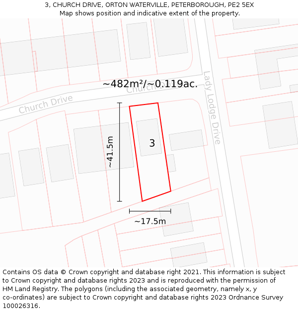 3, CHURCH DRIVE, ORTON WATERVILLE, PETERBOROUGH, PE2 5EX: Plot and title map