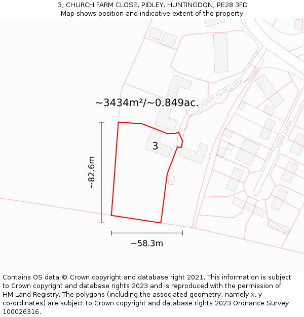 3, CHURCH FARM CLOSE, PIDLEY, HUNTINGDON, PE28 3FD: Plot and title map