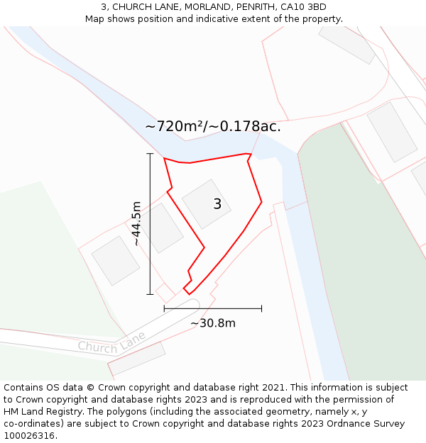 3, CHURCH LANE, MORLAND, PENRITH, CA10 3BD: Plot and title map