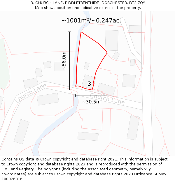 3, CHURCH LANE, PIDDLETRENTHIDE, DORCHESTER, DT2 7QY: Plot and title map