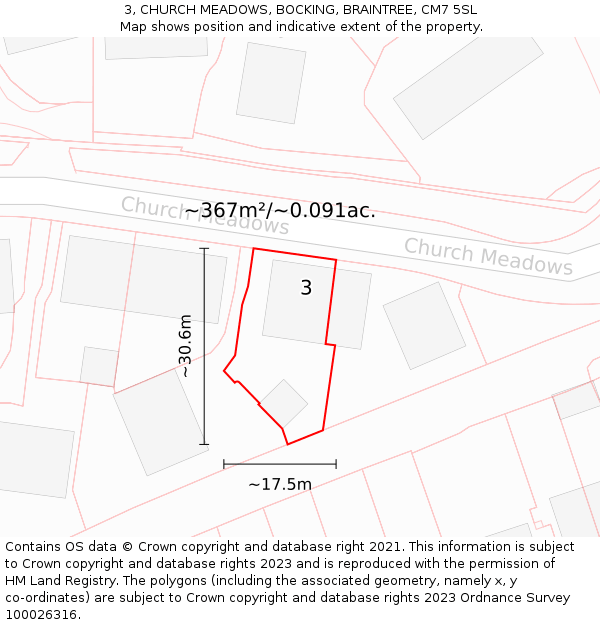 3, CHURCH MEADOWS, BOCKING, BRAINTREE, CM7 5SL: Plot and title map