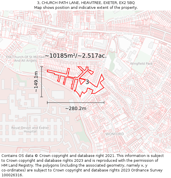 3, CHURCH PATH LANE, HEAVITREE, EXETER, EX2 5BQ: Plot and title map
