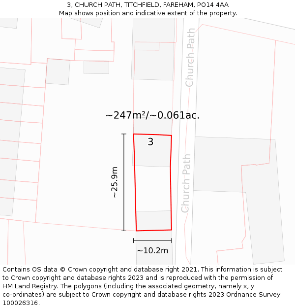 3, CHURCH PATH, TITCHFIELD, FAREHAM, PO14 4AA: Plot and title map