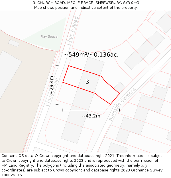 3, CHURCH ROAD, MEOLE BRACE, SHREWSBURY, SY3 9HG: Plot and title map