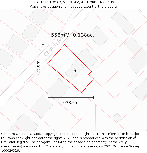 3, CHURCH ROAD, MERSHAM, ASHFORD, TN25 6NS: Plot and title map