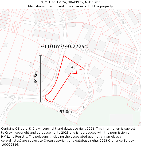 3, CHURCH VIEW, BRACKLEY, NN13 7BB: Plot and title map
