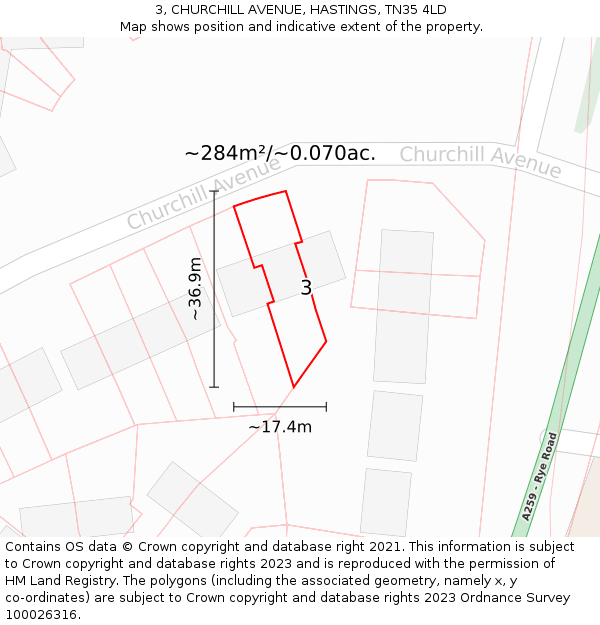 3, CHURCHILL AVENUE, HASTINGS, TN35 4LD: Plot and title map