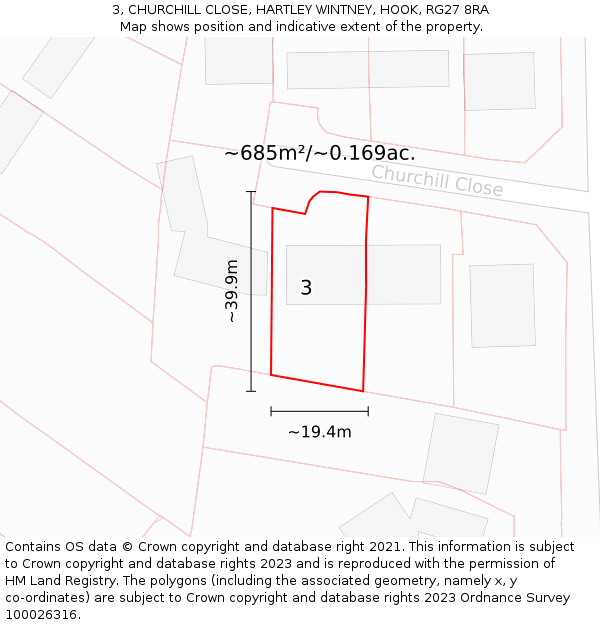 3, CHURCHILL CLOSE, HARTLEY WINTNEY, HOOK, RG27 8RA: Plot and title map