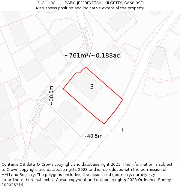 3, CHURCHILL PARK, JEFFREYSTON, KILGETTY, SA68 0SD: Plot and title map