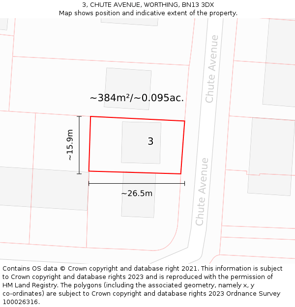 3, CHUTE AVENUE, WORTHING, BN13 3DX: Plot and title map