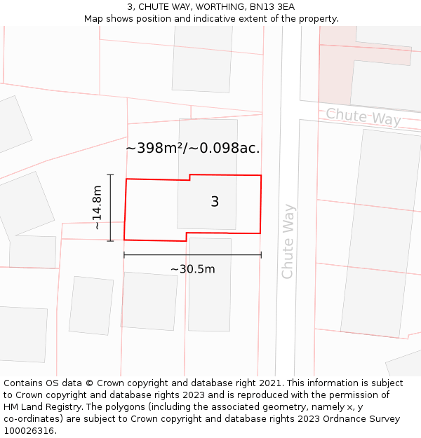 3, CHUTE WAY, WORTHING, BN13 3EA: Plot and title map