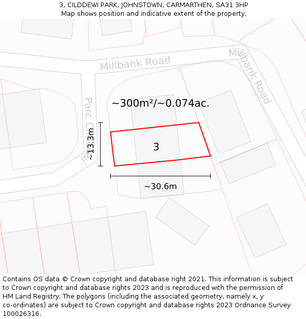 3, CILDDEWI PARK, JOHNSTOWN, CARMARTHEN, SA31 3HP: Plot and title map