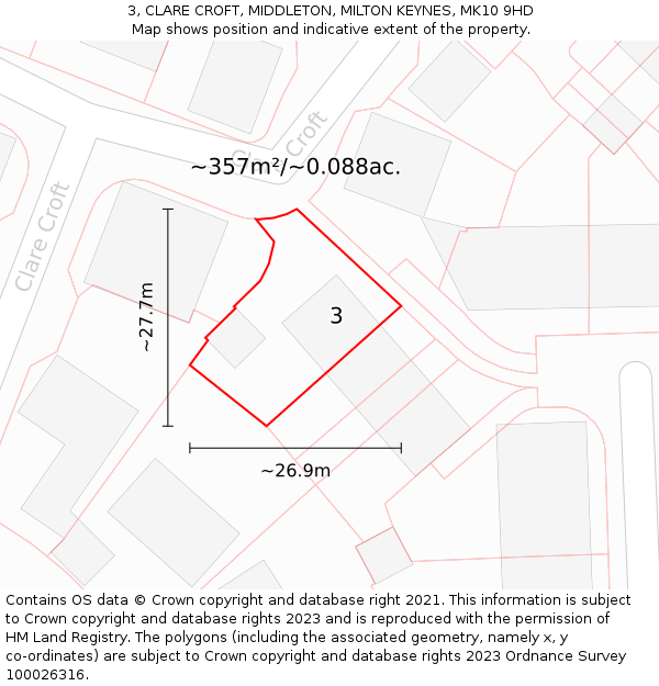 3, CLARE CROFT, MIDDLETON, MILTON KEYNES, MK10 9HD: Plot and title map