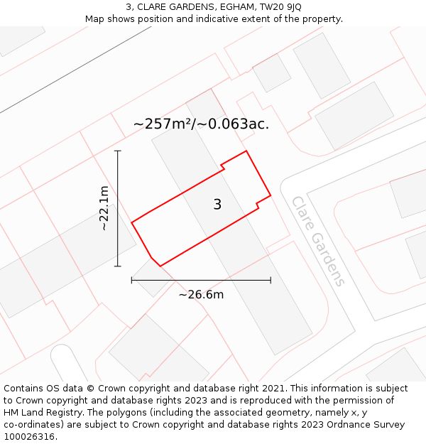 3, CLARE GARDENS, EGHAM, TW20 9JQ: Plot and title map