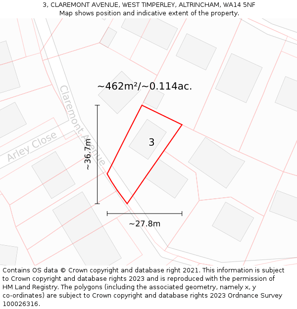 3, CLAREMONT AVENUE, WEST TIMPERLEY, ALTRINCHAM, WA14 5NF: Plot and title map