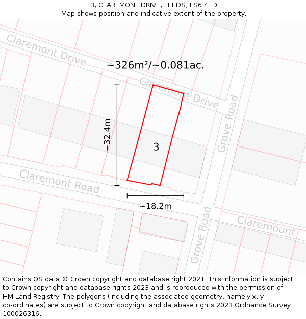 3, CLAREMONT DRIVE, LEEDS, LS6 4ED: Plot and title map