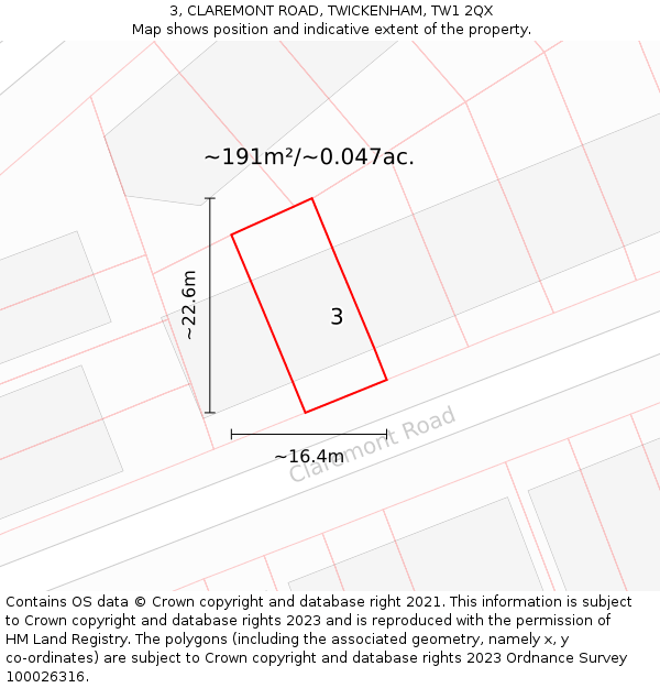 3, CLAREMONT ROAD, TWICKENHAM, TW1 2QX: Plot and title map