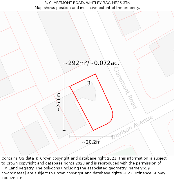 3, CLAREMONT ROAD, WHITLEY BAY, NE26 3TN: Plot and title map