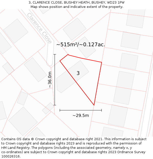 3, CLARENCE CLOSE, BUSHEY HEATH, BUSHEY, WD23 1PW: Plot and title map
