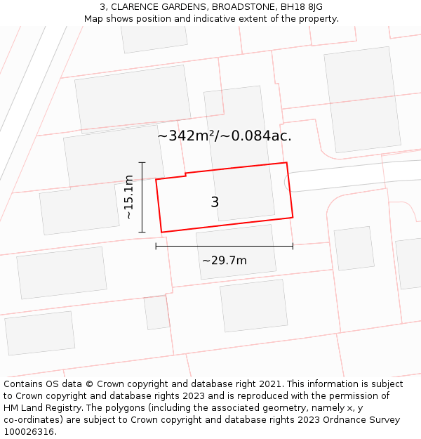3, CLARENCE GARDENS, BROADSTONE, BH18 8JG: Plot and title map