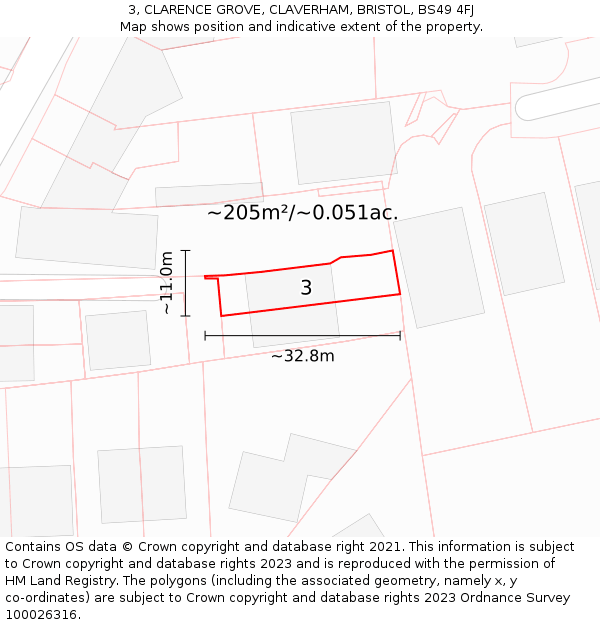3, CLARENCE GROVE, CLAVERHAM, BRISTOL, BS49 4FJ: Plot and title map