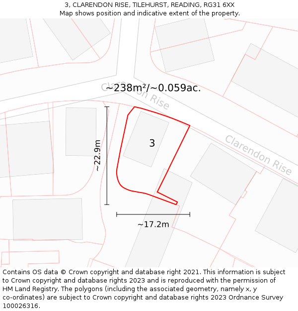 3, CLARENDON RISE, TILEHURST, READING, RG31 6XX: Plot and title map