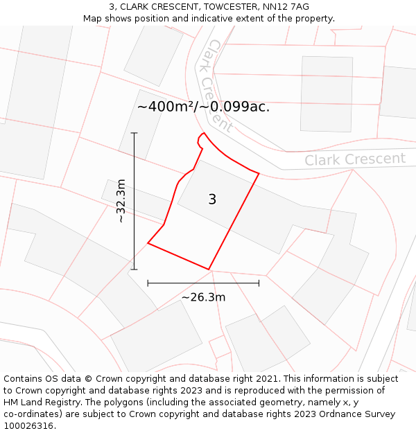 3, CLARK CRESCENT, TOWCESTER, NN12 7AG: Plot and title map