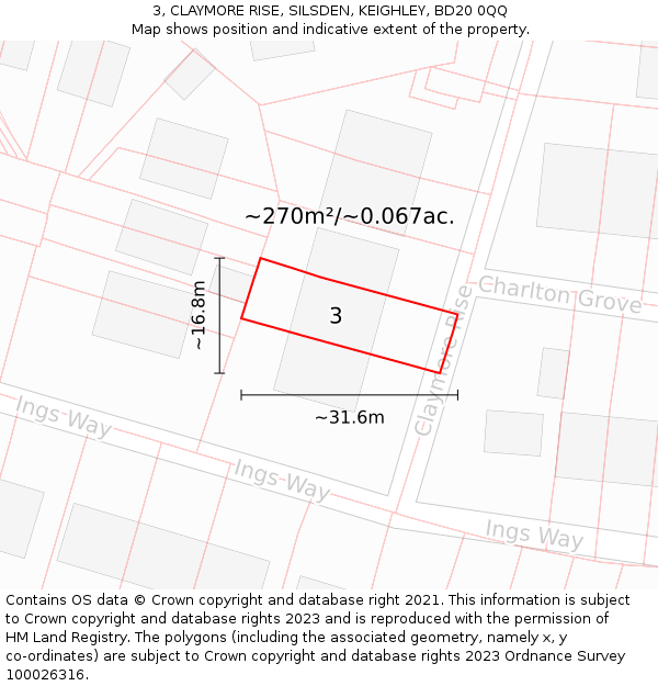3, CLAYMORE RISE, SILSDEN, KEIGHLEY, BD20 0QQ: Plot and title map
