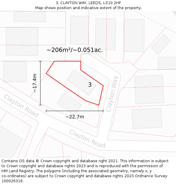 3, CLAYTON WAY, LEEDS, LS10 2HF: Plot and title map