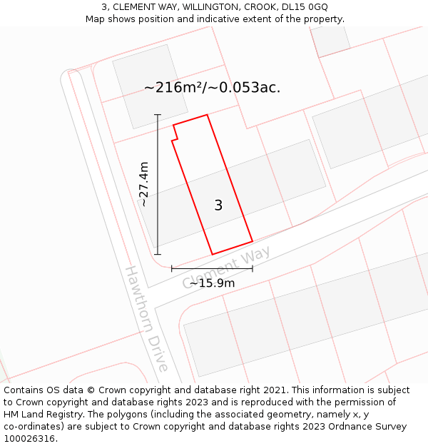 3, CLEMENT WAY, WILLINGTON, CROOK, DL15 0GQ: Plot and title map