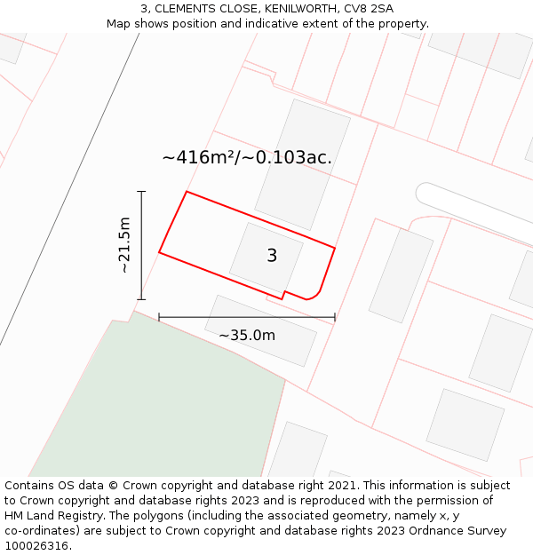 3, CLEMENTS CLOSE, KENILWORTH, CV8 2SA: Plot and title map