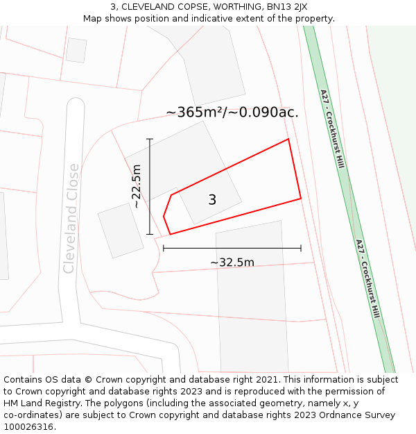 3, CLEVELAND COPSE, WORTHING, BN13 2JX: Plot and title map