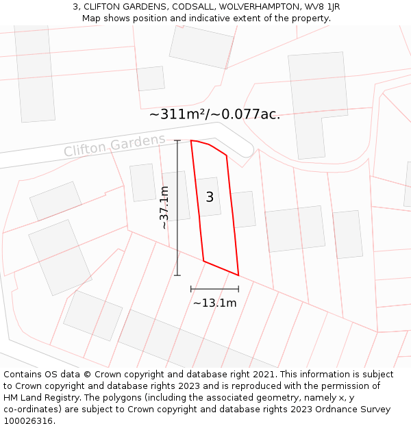 3, CLIFTON GARDENS, CODSALL, WOLVERHAMPTON, WV8 1JR: Plot and title map